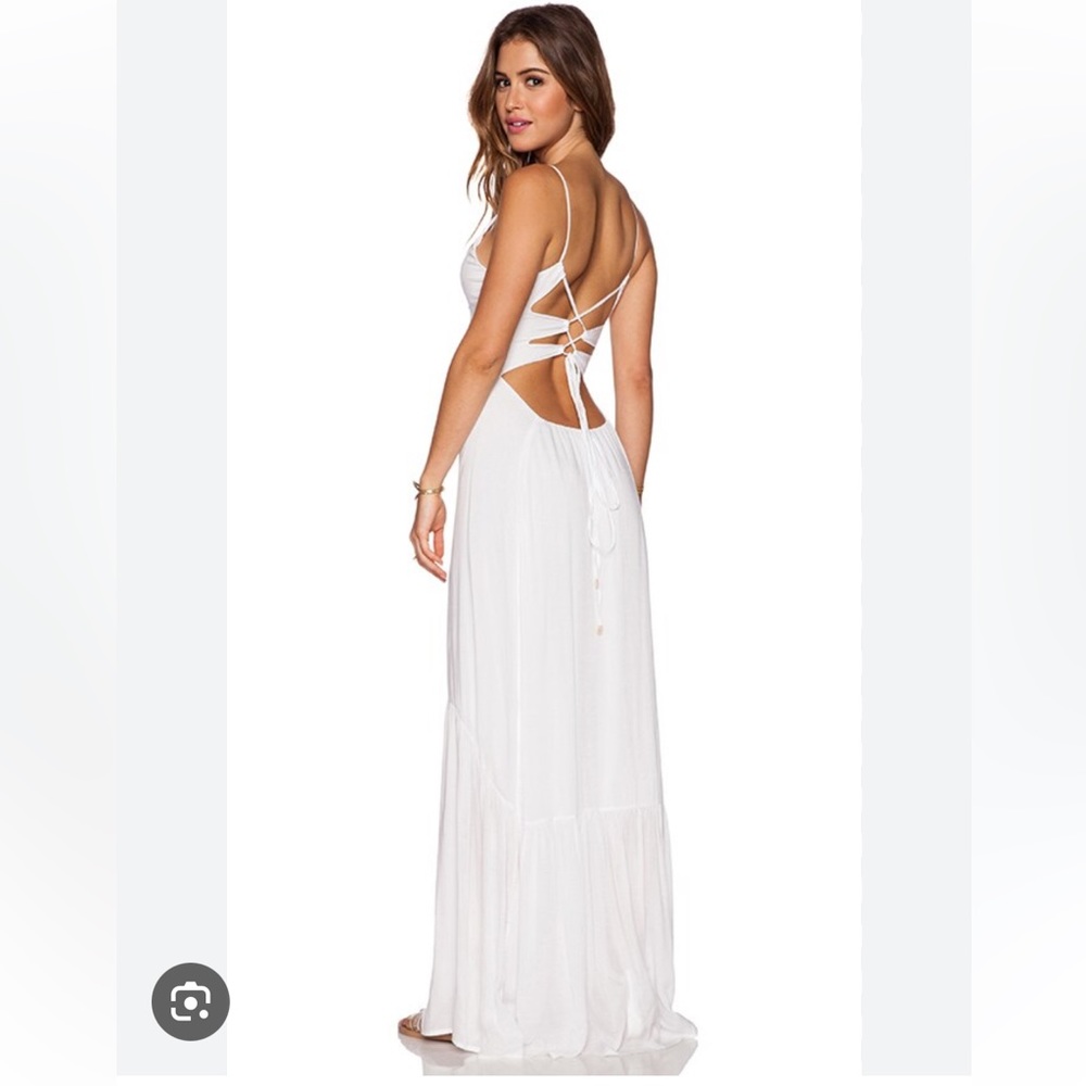 Indah Open Back Cross Tie Ruffle Bottom White Maxi Dress
